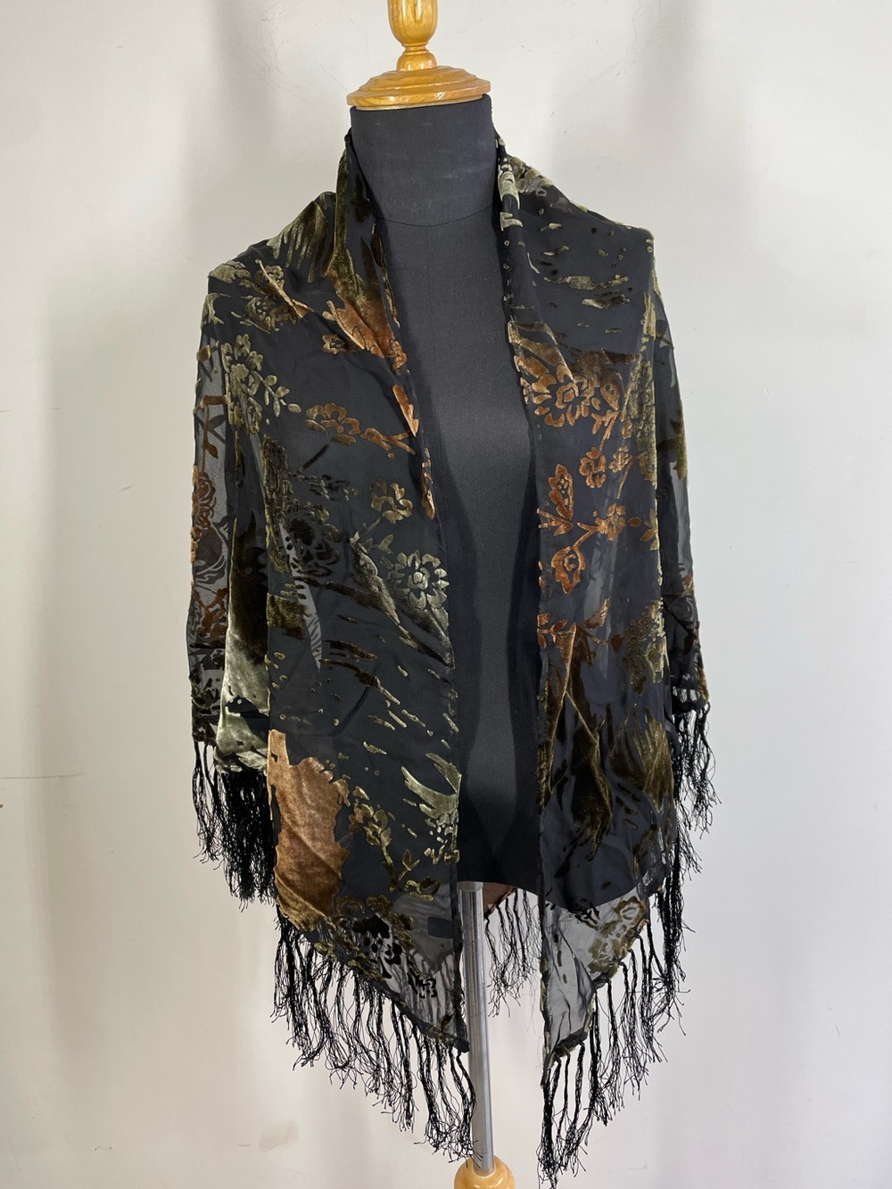 Black Gold Velvet Burnout Floral Fringe Shawl Wrap Boho Gothic Art Nouveau